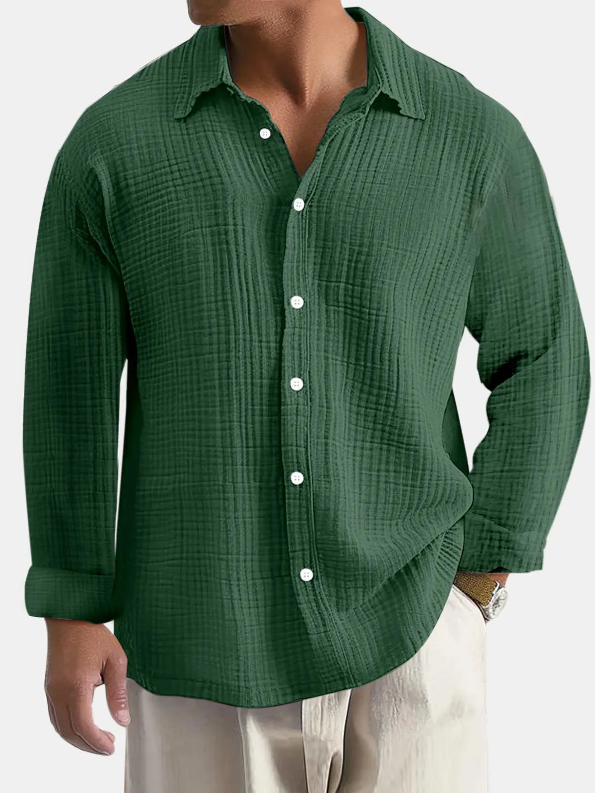 Men's Everyday Solid Color Pleated Textured Comfort Long Sleeve Shirt