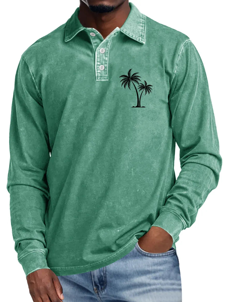 Men's Casual Lapel Buttoned Coconut Print Long Sleeve POLO Shirt