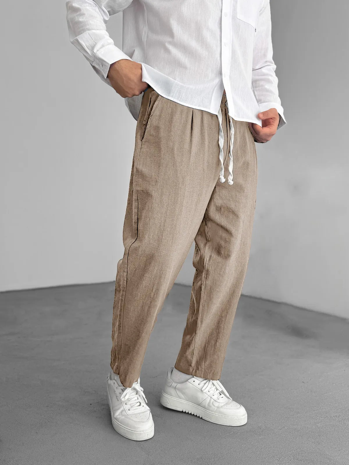 Men's Fashion Casual Hemp Fabric Elastic Drawstring Pocket Trousers