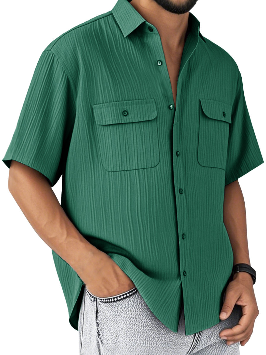 Men's Fashion Retro Double Pocket Lapel Short Sleeve Shirt