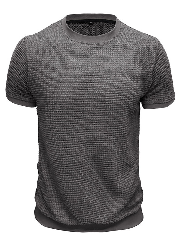 Men's Knitted Waffle Quality Casual Round Neck Short-sleeved T-shirt