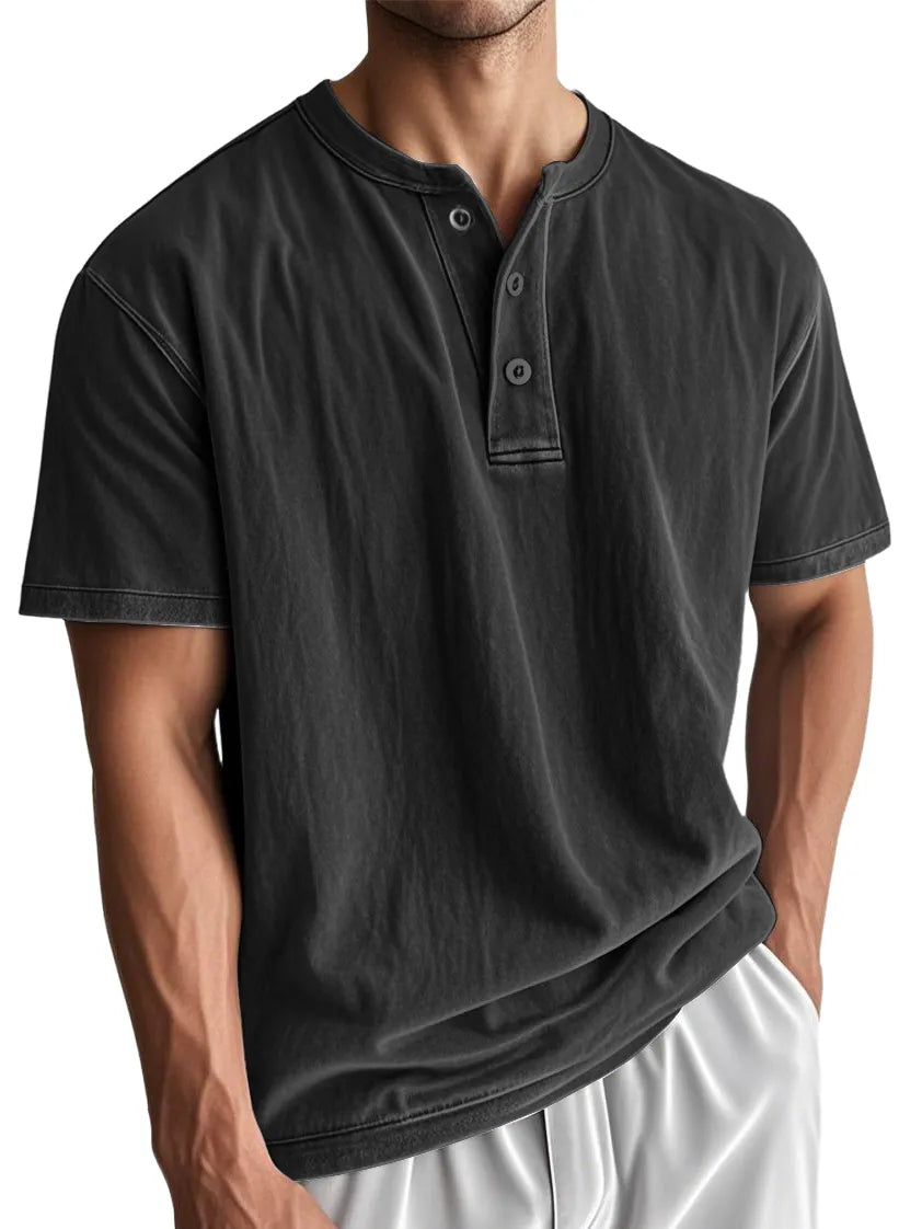 Men's Washed And Distressed Cotton Vintage Henley Collar Short-sleeved T-shirt