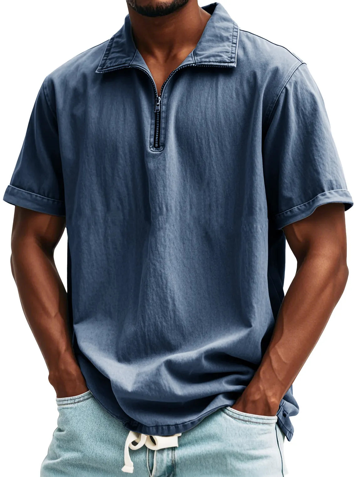 Men's Fashion Retro Zipper Stand Collar Short Sleeve Shirt