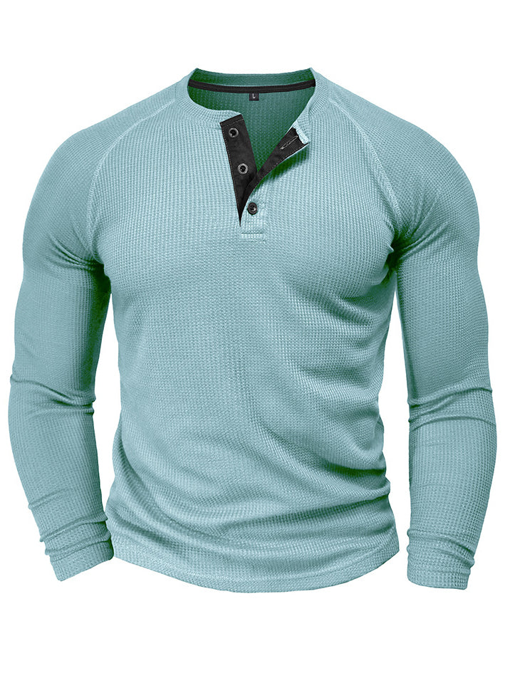 Men's Waffle Henley Collar Textured Long-sleeved Top