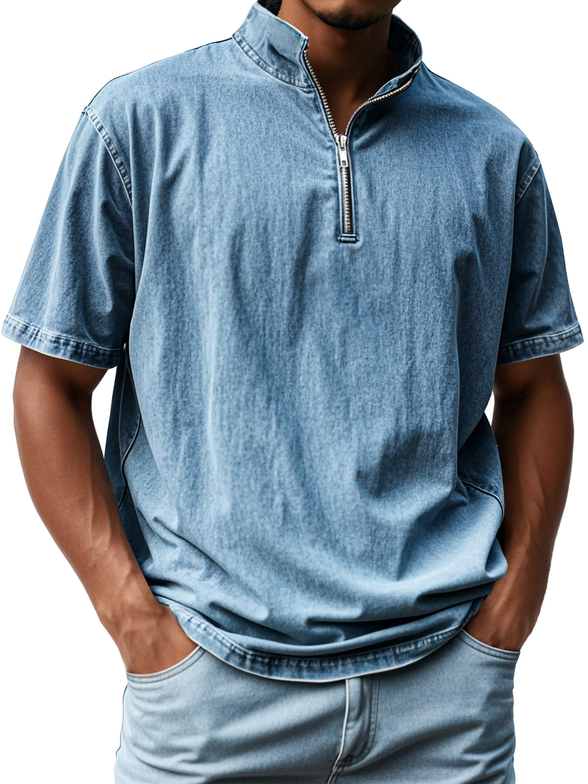 Men's Retro Stand Collar Zipper Casual Short Sleeve T-Shirt