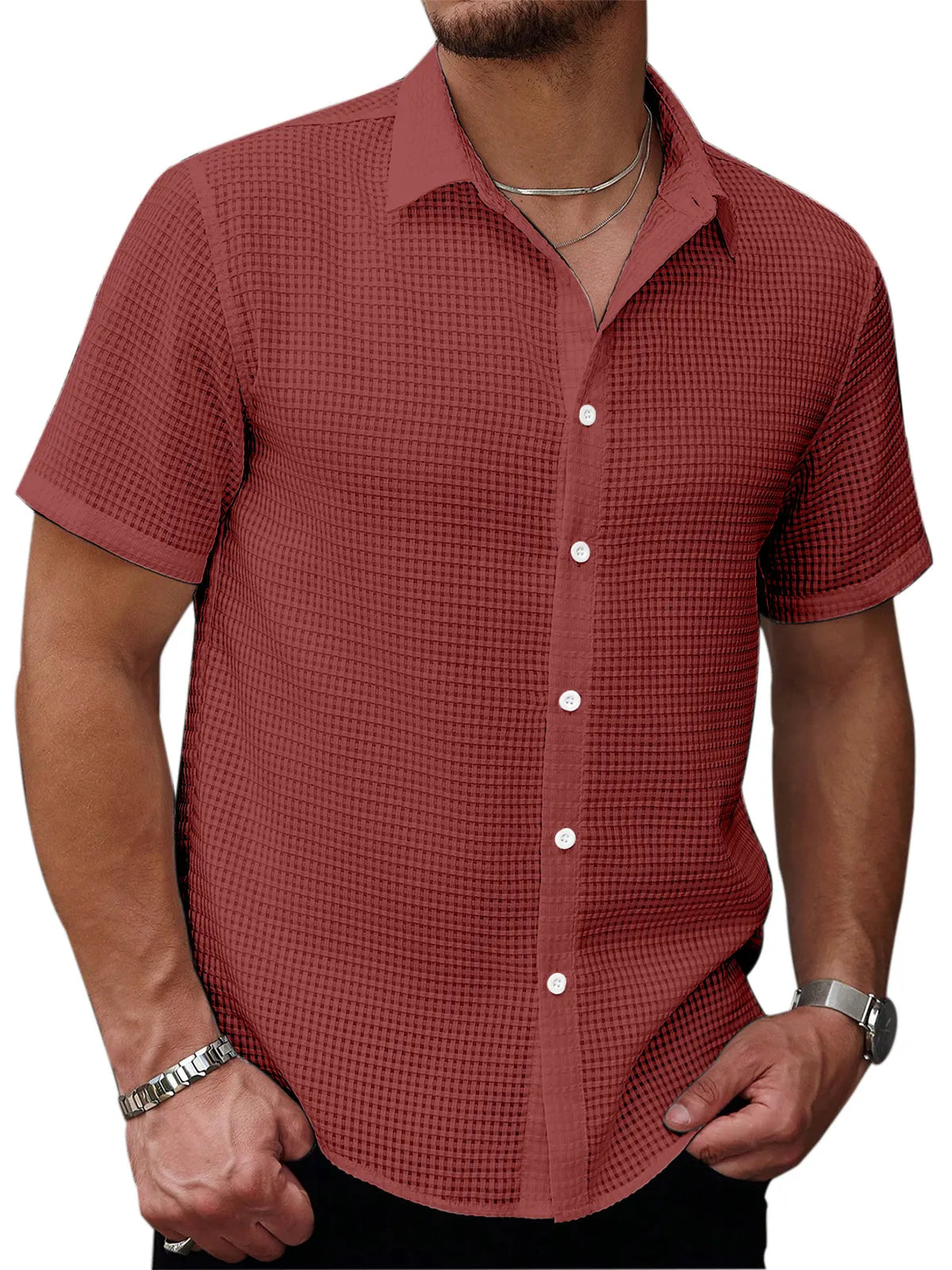 Men's Casual Summer Solid Color Waffle Texture Short-sleeved Button-down Shirt