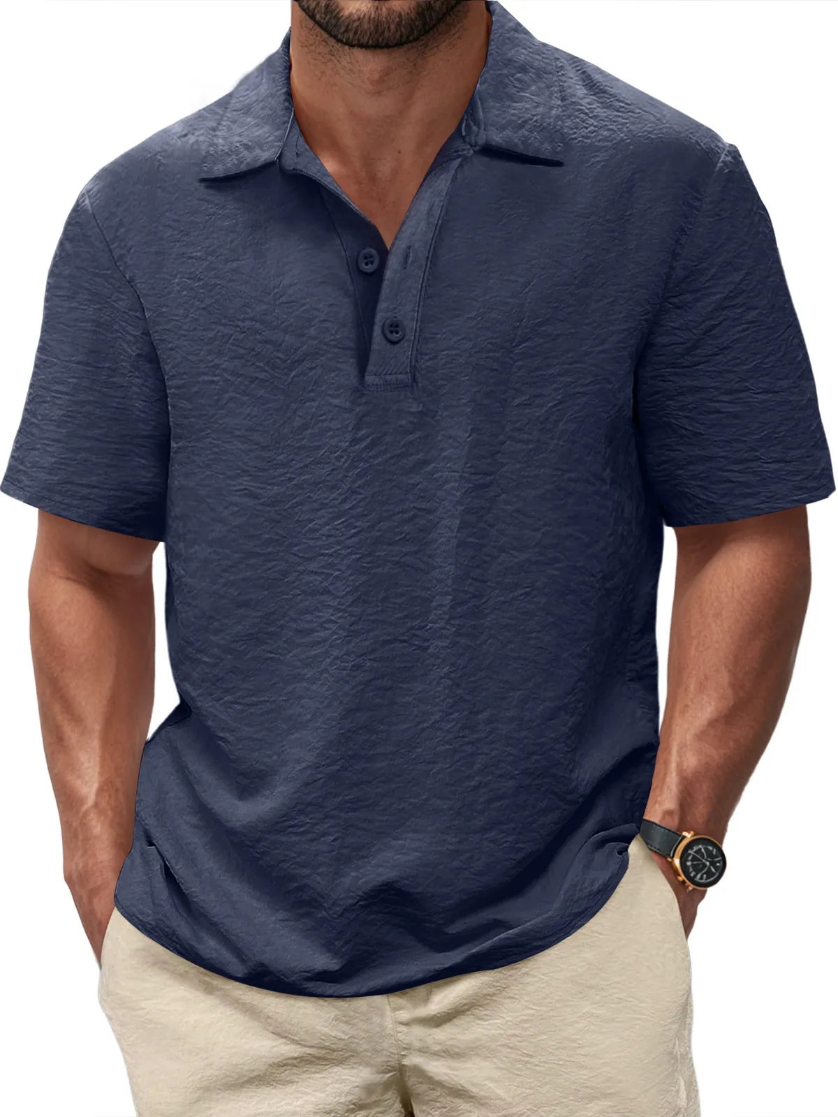 Men's Casual Pleated Texture Button Solid Color Short-sleeved Polo Shirt
