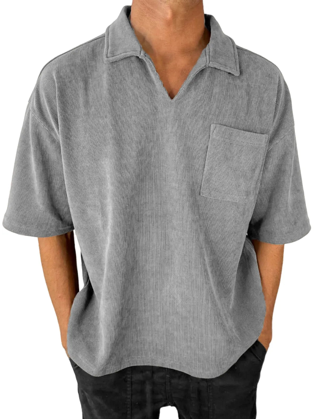 Men's Stylish V-Neck Ribbed Corduroy Casual POLO Shirt With Chest Pocket