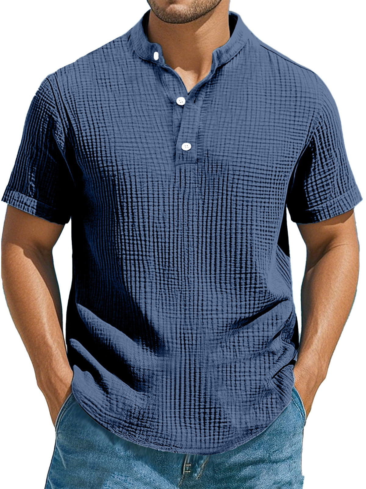 Men's Casual Solid Color Pleated Texture Short-sleeved Stand Collar Henley Shirt