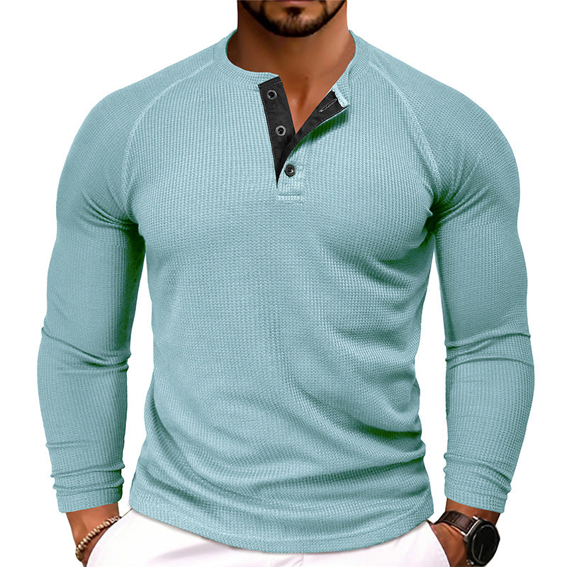 Men's Waffle Henley Collar Textured Long-sleeved Top