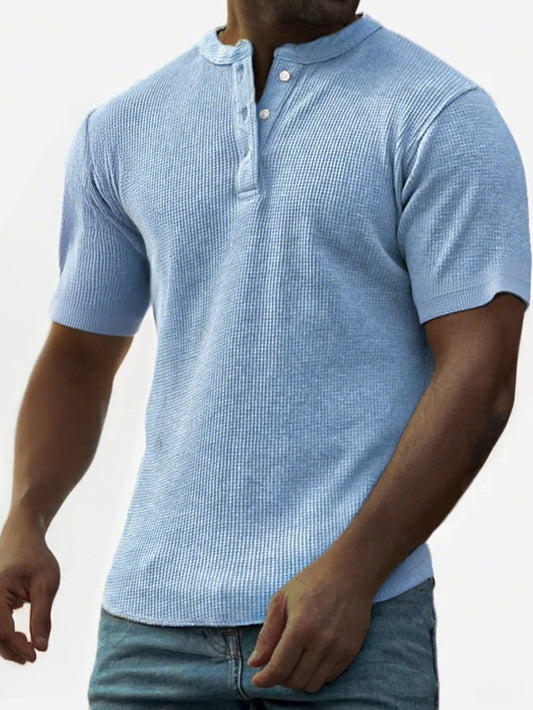 Men's Waffle Fashion Button-Down Henley Short Sleeve Top