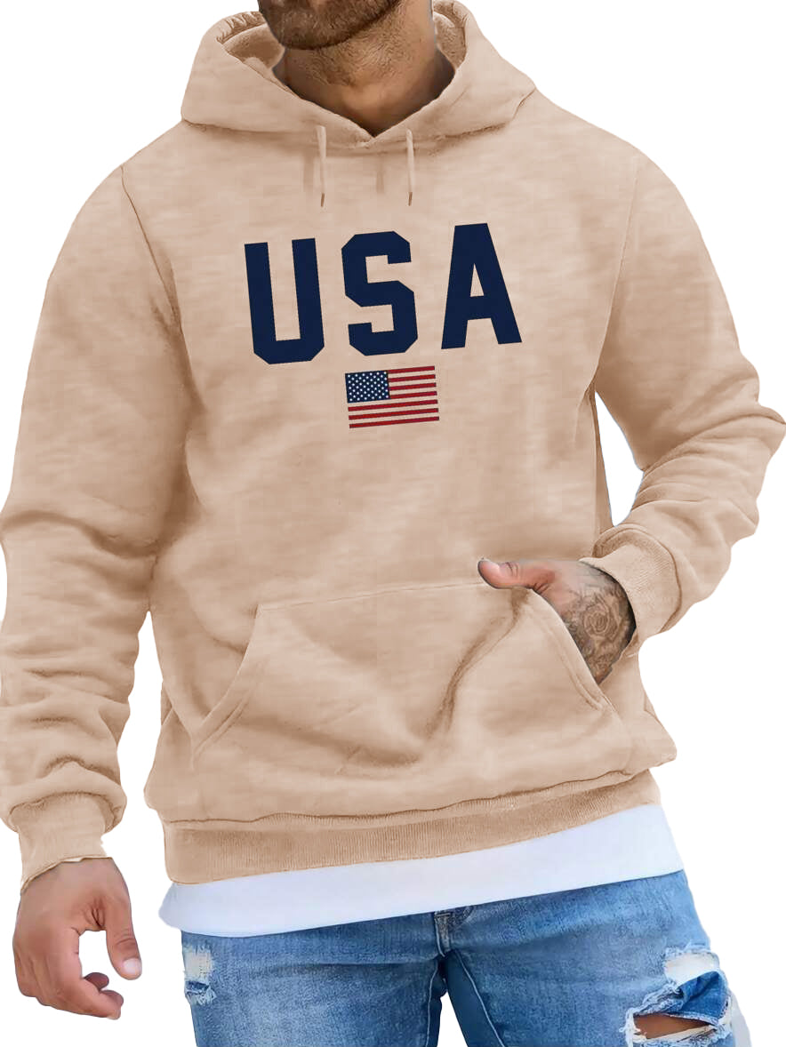 Men's Fashionable American Flag Print Pocket Long Sleeve Hoodie