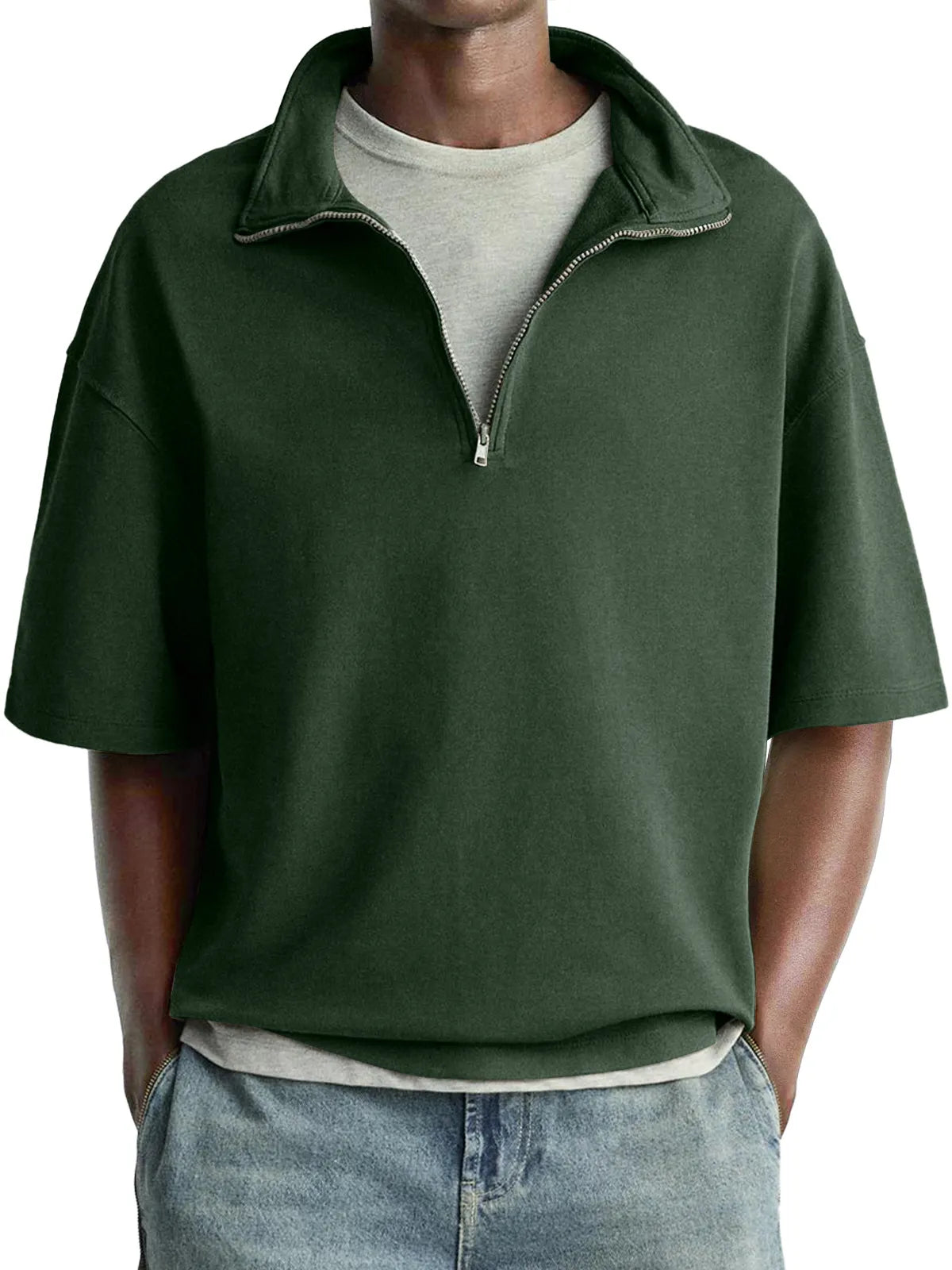 Men's Daily Casual Stand Collar Zipper Comfortable Short-sleeved T-shirt