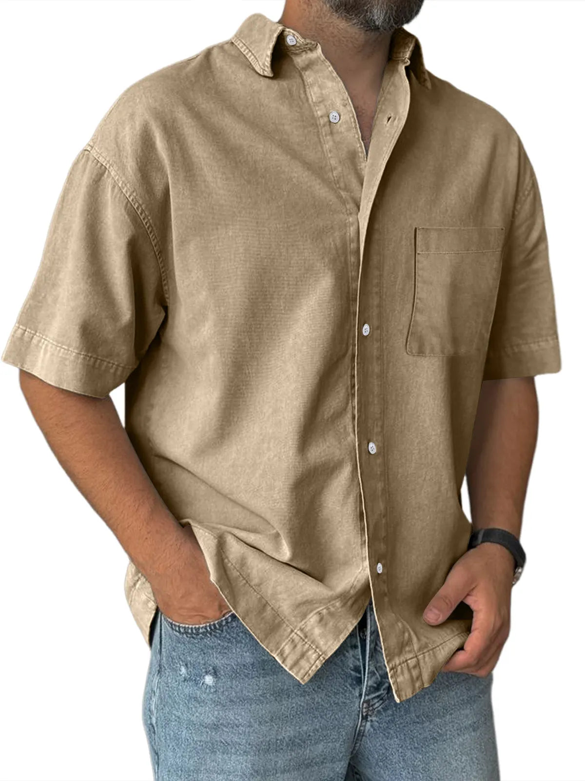 Men's Everyday Casual Pocket Solid Color Comfortable Short Sleeve Shirt