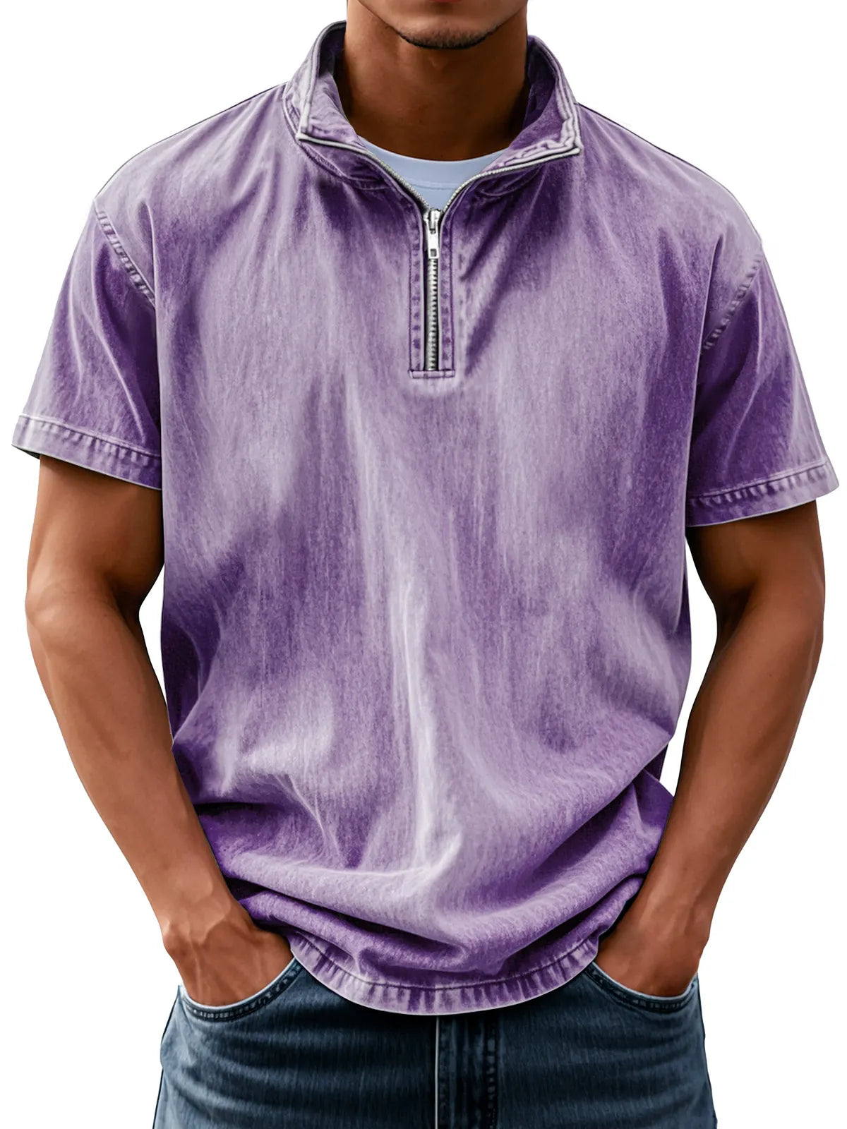 Men's Retro Everyday Stand Collar Zipper Solid Color Short Sleeve Shirt
