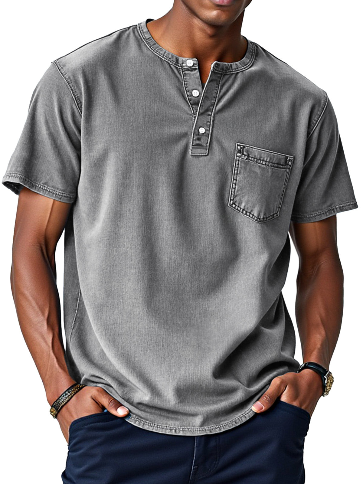 Men's Retro Solid Color Loose Button Stand Collar Short Sleeve Henley Shirt