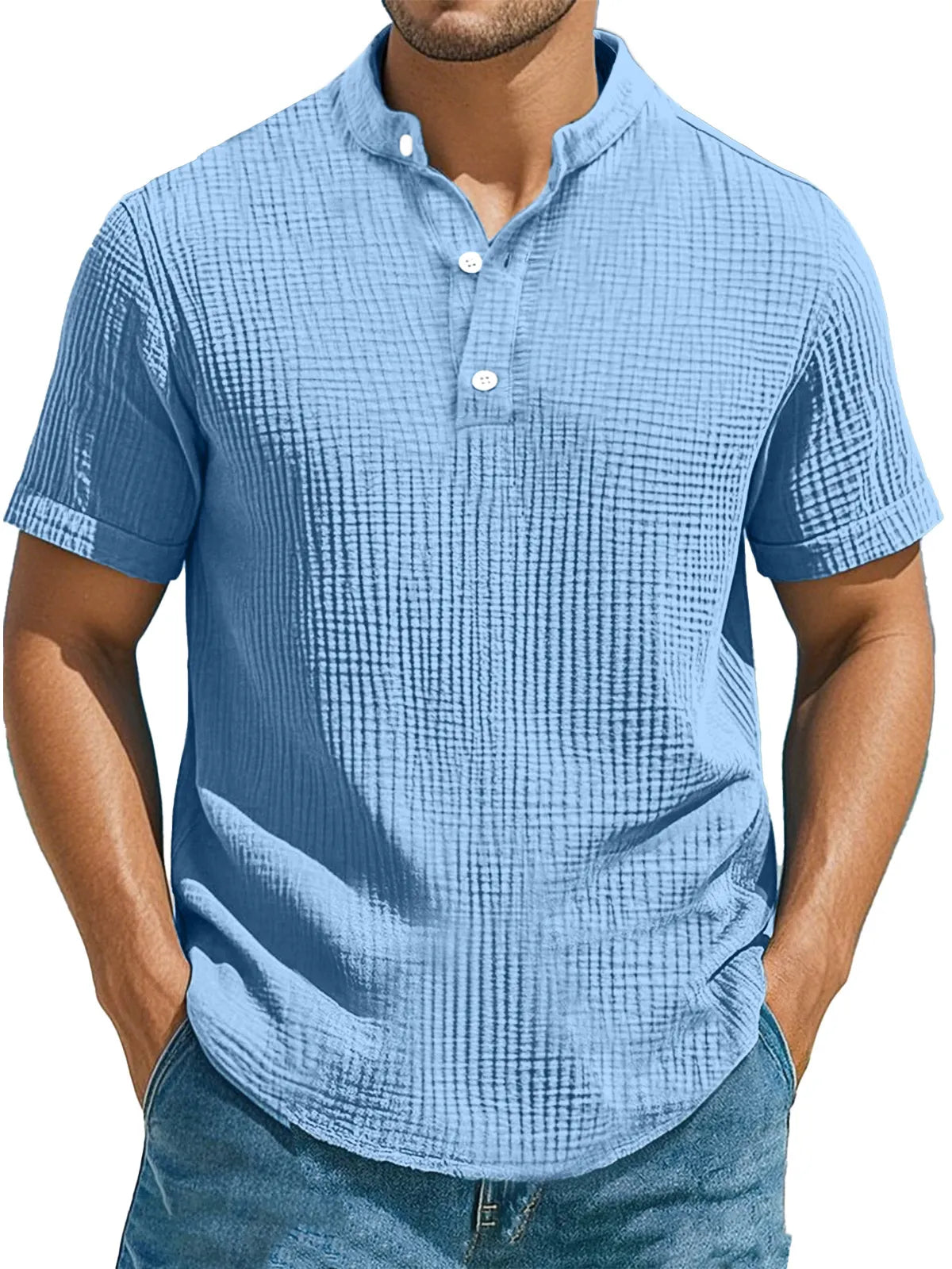 Men's Casual Solid Color Pleated Texture Short-sleeved Stand Collar Henley Shirt
