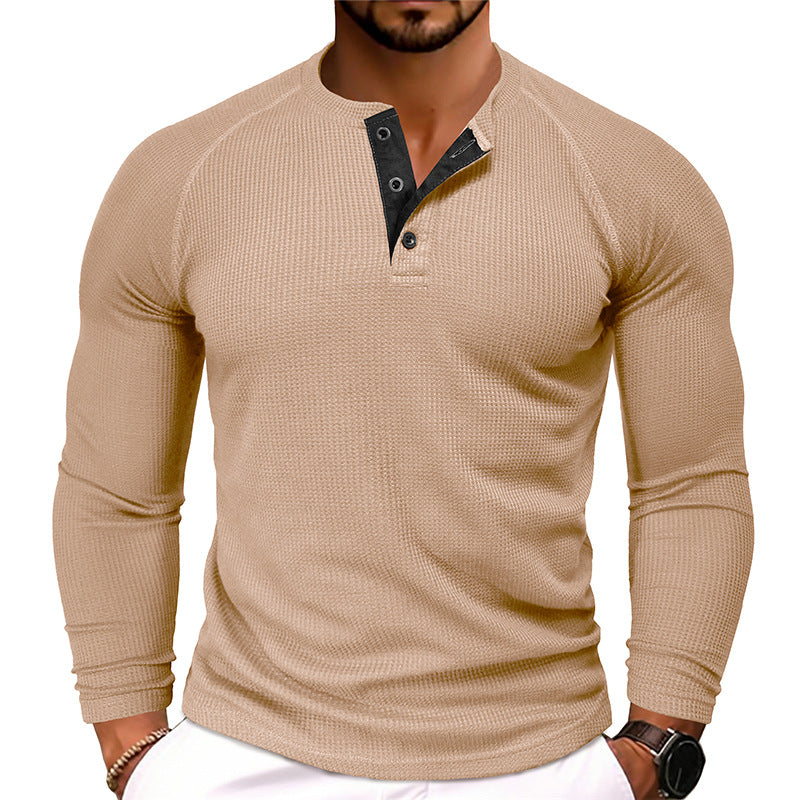 Men's Waffle Henley Collar Textured Long-sleeved Top