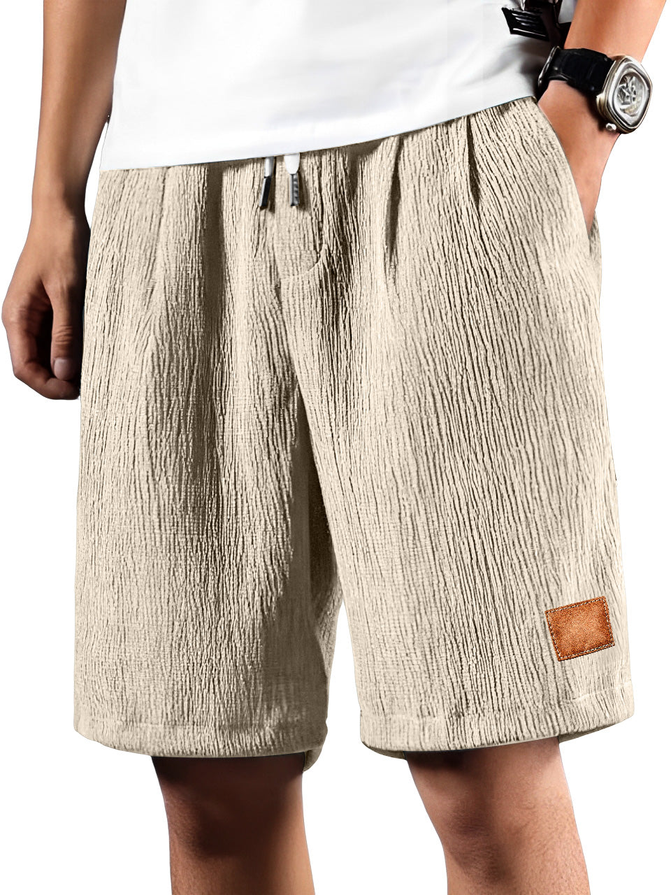 Men's Daily Pleated Texture Embroidered Logo Drawstring Casual Shorts