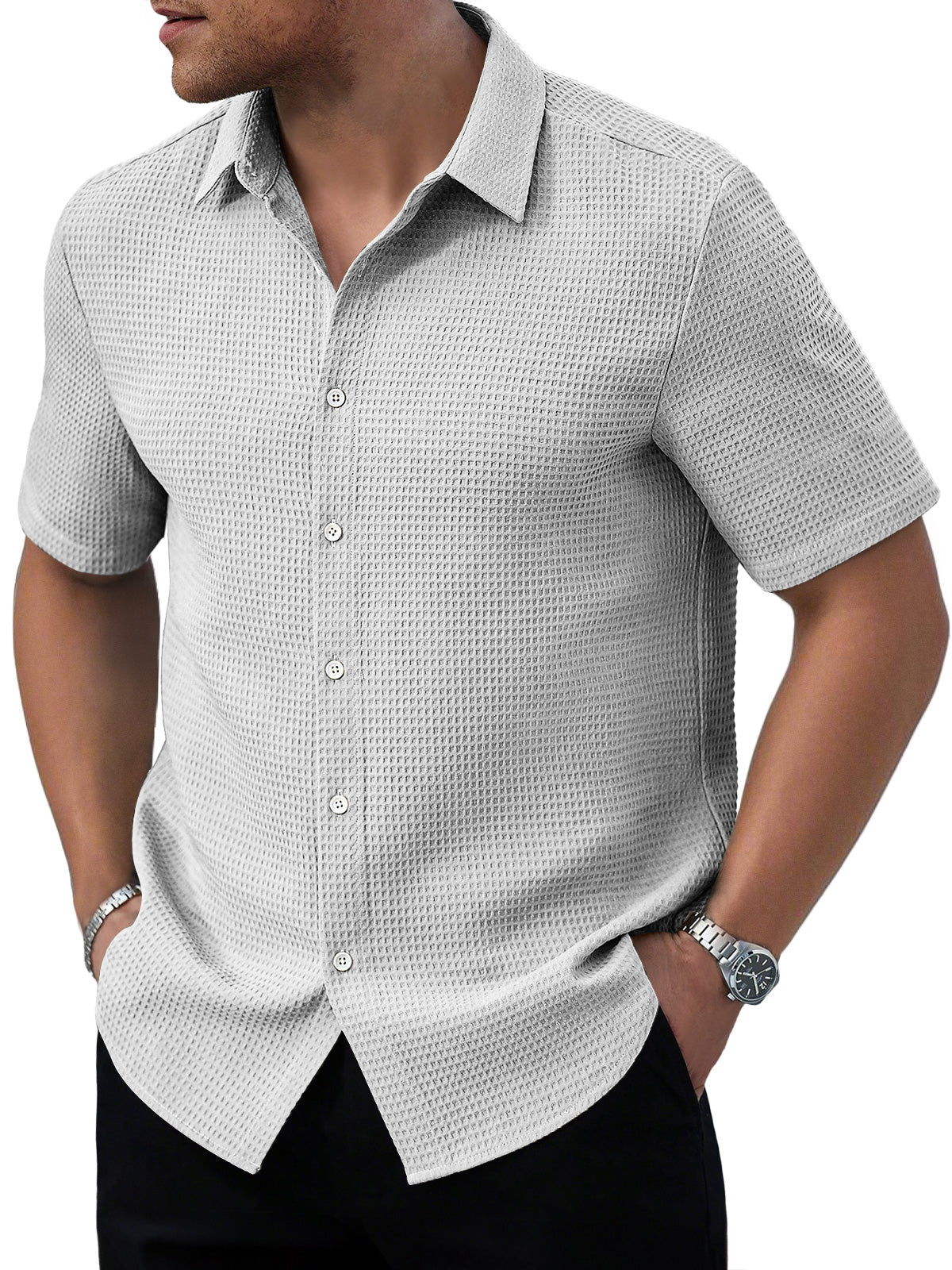 Men's Waffle Daily Casual Comfort Solid Color Short Sleeve Shirt