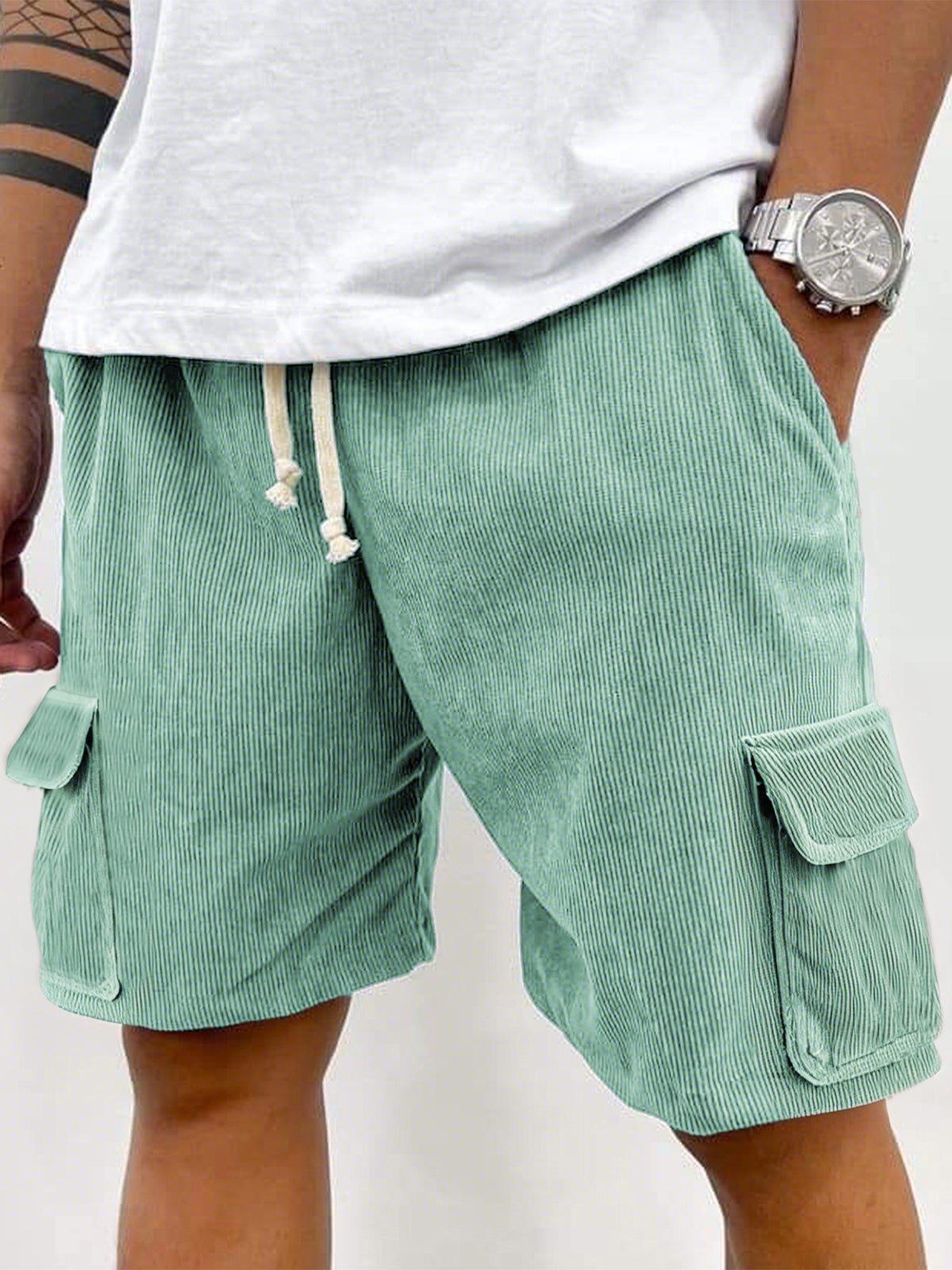Men's Corduroy Stylish Multi-Pocket Lace Up Utility Casual Cargo Shorts