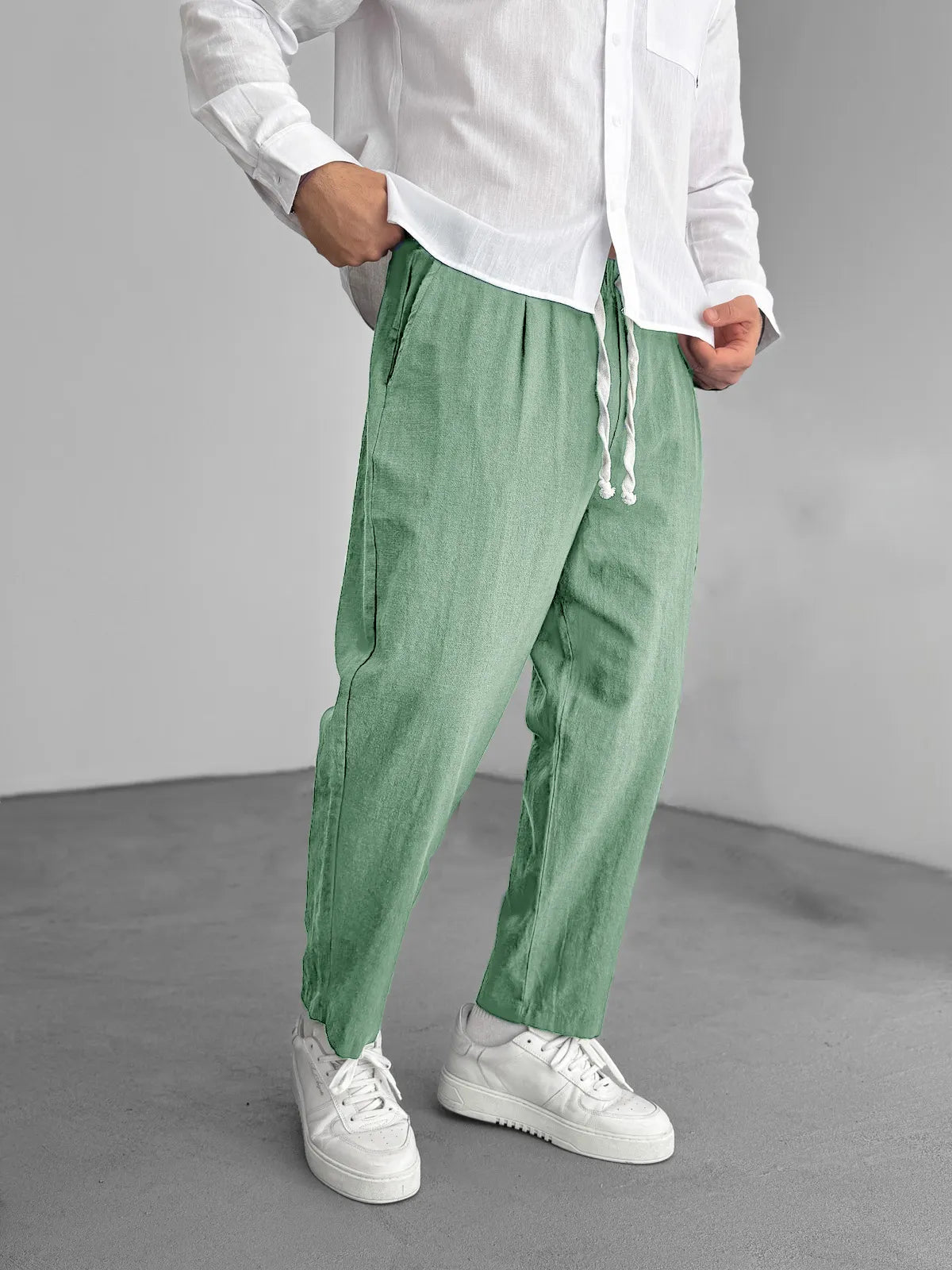 Men's Fashion Casual Hemp Fabric Elastic Drawstring Pocket Trousers