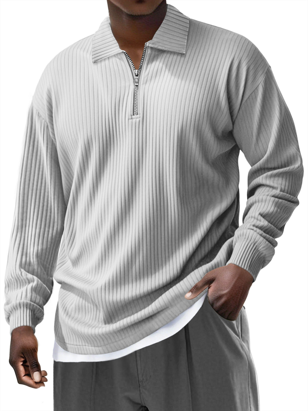 Men's Pit Zipper Lapel Solid Color Long-sleeved Polo Shirt