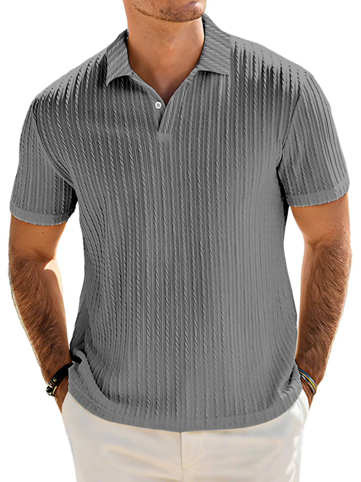 Men's Casual Solid Color Textured Lapel Button Short Sleeve Polo Shirt