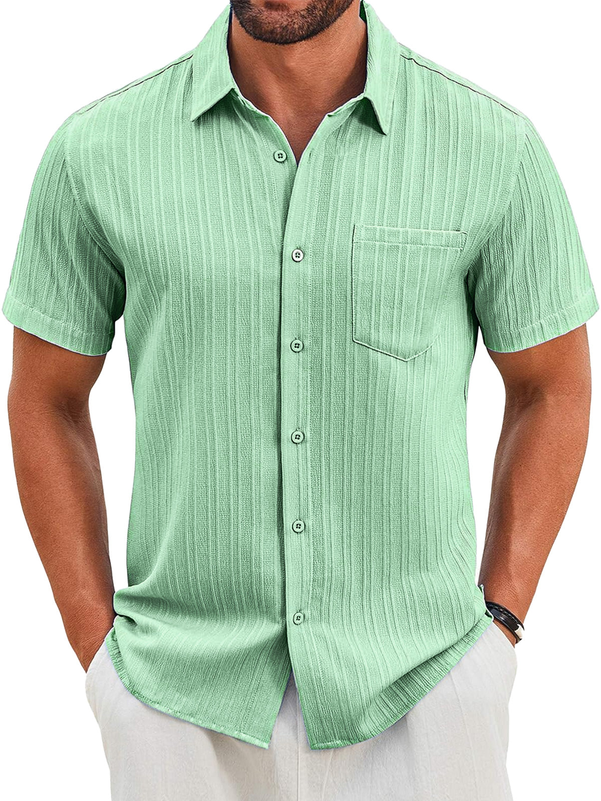 Men's Casual Vertical Striped Textured Lapel Solid Color Short-sleeved Shirt