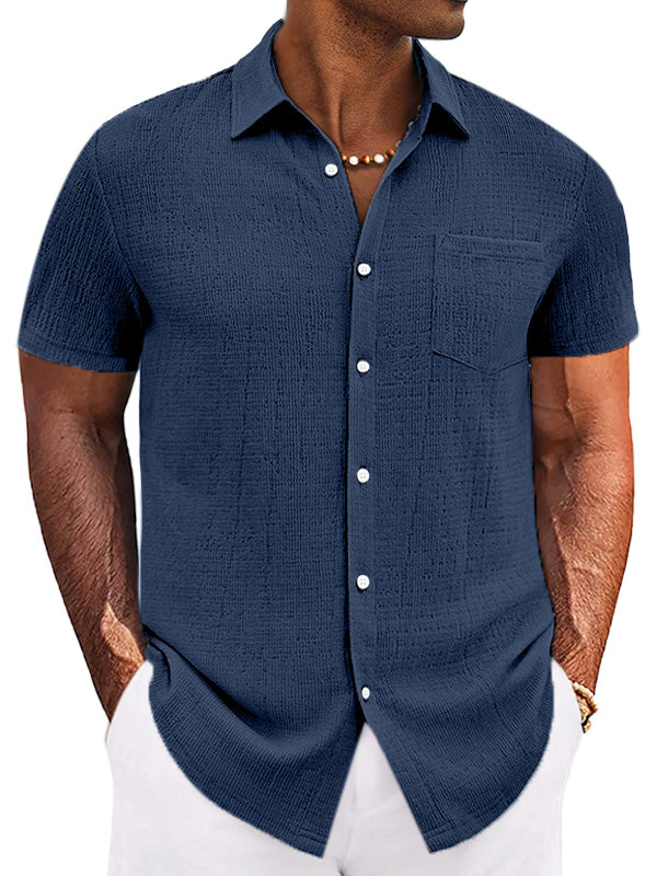 Men's Casual Simple Solid Color Texture Short-sleeved Button-down Shirt