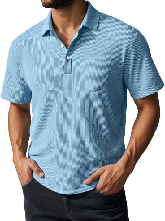 Men's Daily Casual Ribbed Lapel Button Pocket Short-sleeved Polo Shirt