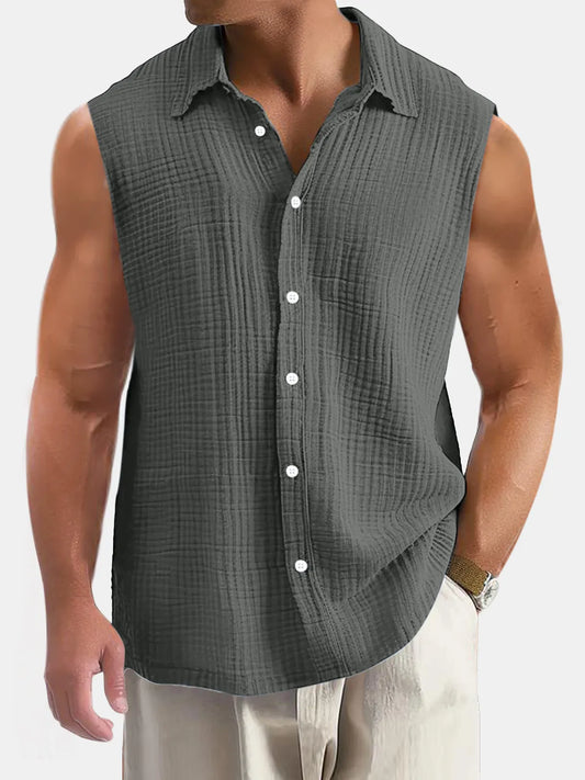 Men's Summer Casual Simple Puff Wrinkle Sleeveless Shirt