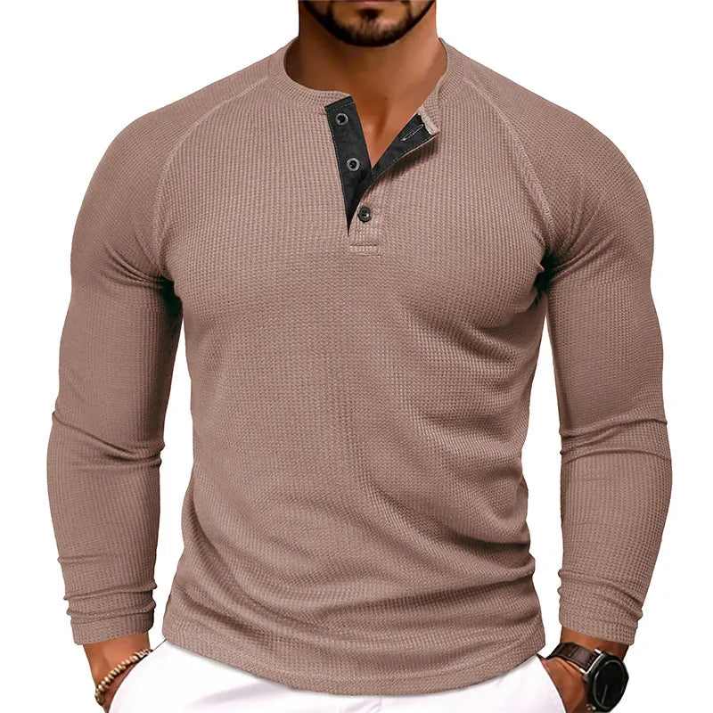 Men's Waffle Henley Collar Textured Long-sleeved Top