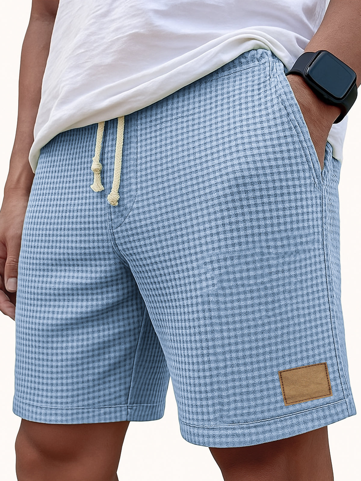 Men's Comfortable Waffle Vintage Embroidered Logo Casual Lace Up Loose Shorts