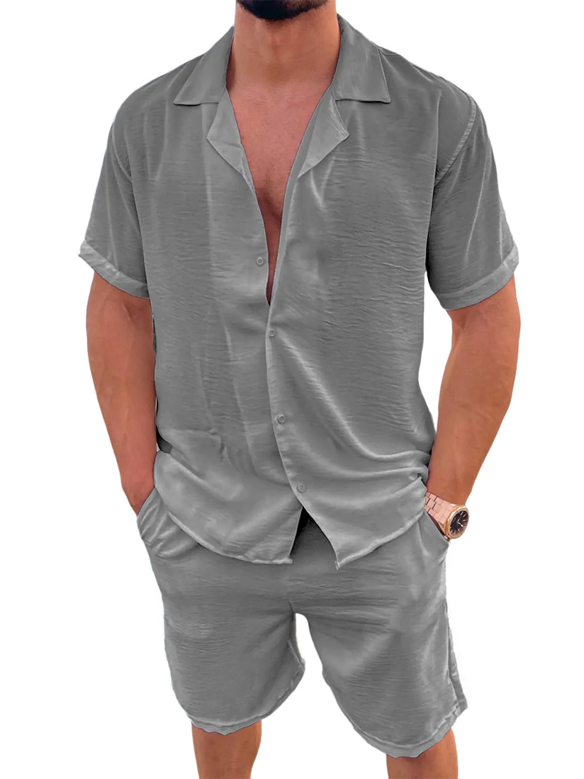 Men's Linen Camp Set Vacation Leisure Short Sleeve and Shorts Two-piece Suit