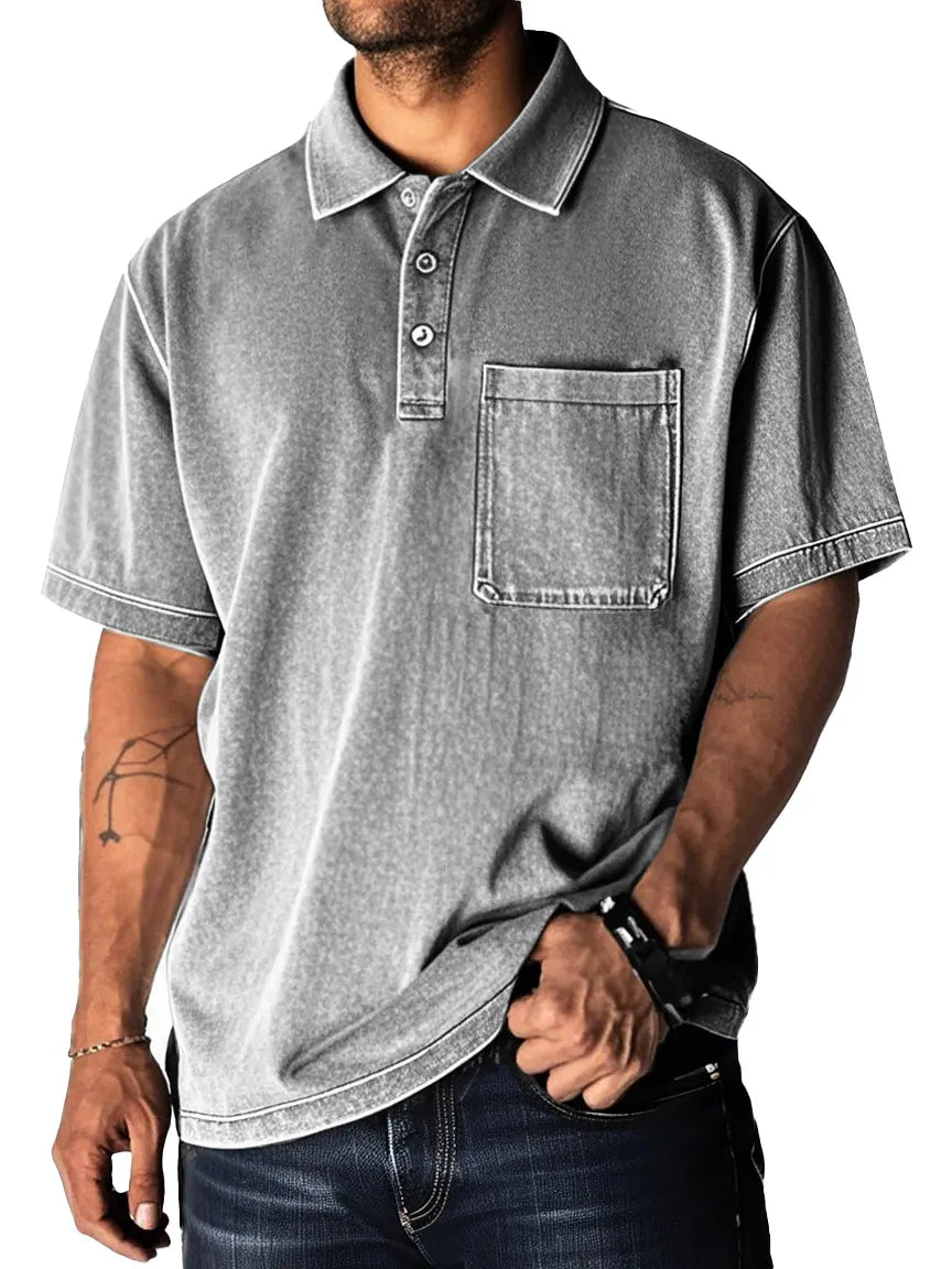 Men's Fashion Retro Distressed Pocket Short Sleeve Lapel Polo Shirt