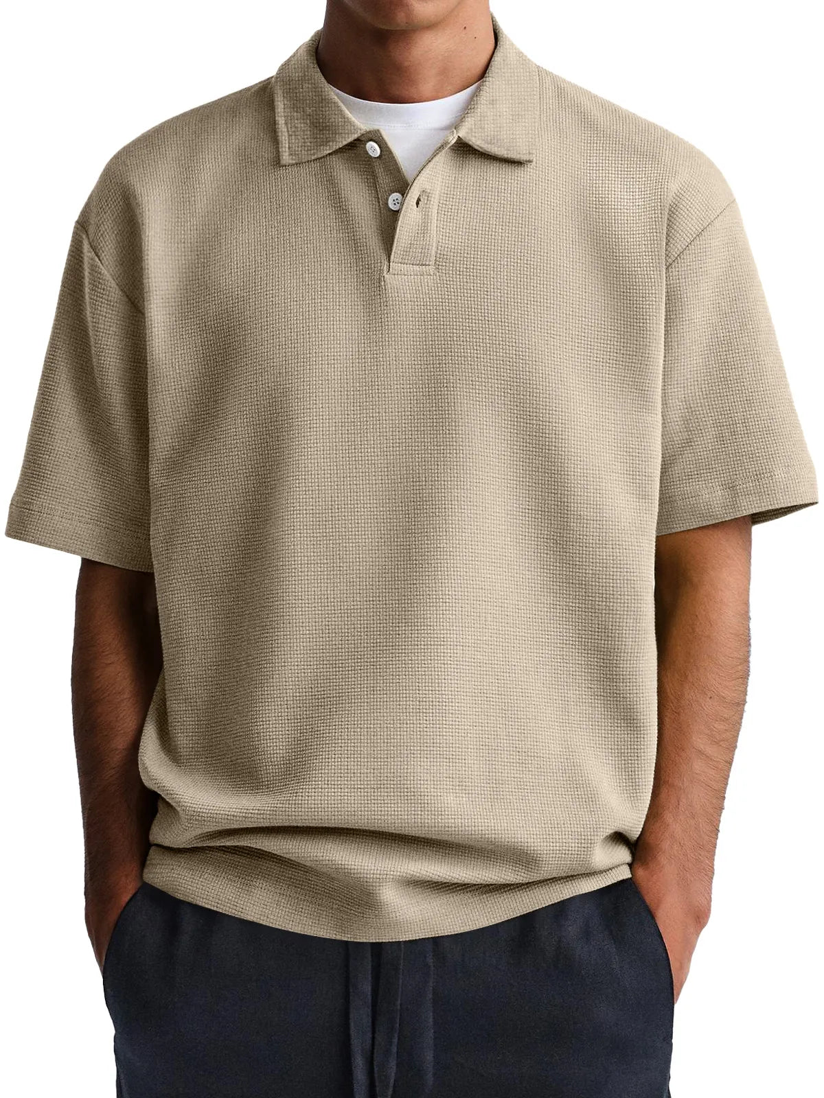 Men's Waffle Casual Lapel Button Down Short Sleeve POLO Shirt