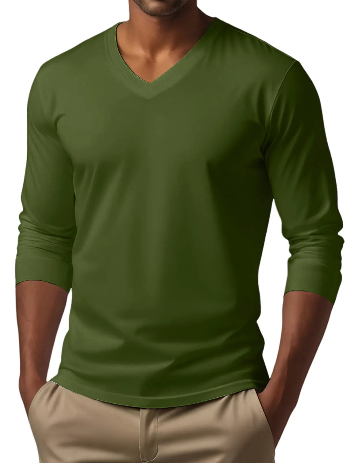 Men's V-neck casual solid color long-sleeved T-shirt