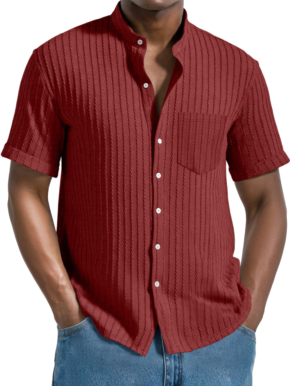 Men's Daily Jacquard Texture Stand Collar Button Casual Short Sleeve Shirt