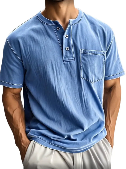 Men's Washed And Distressed Cotton Vintage Henley Collar Short-sleeved T-shirt