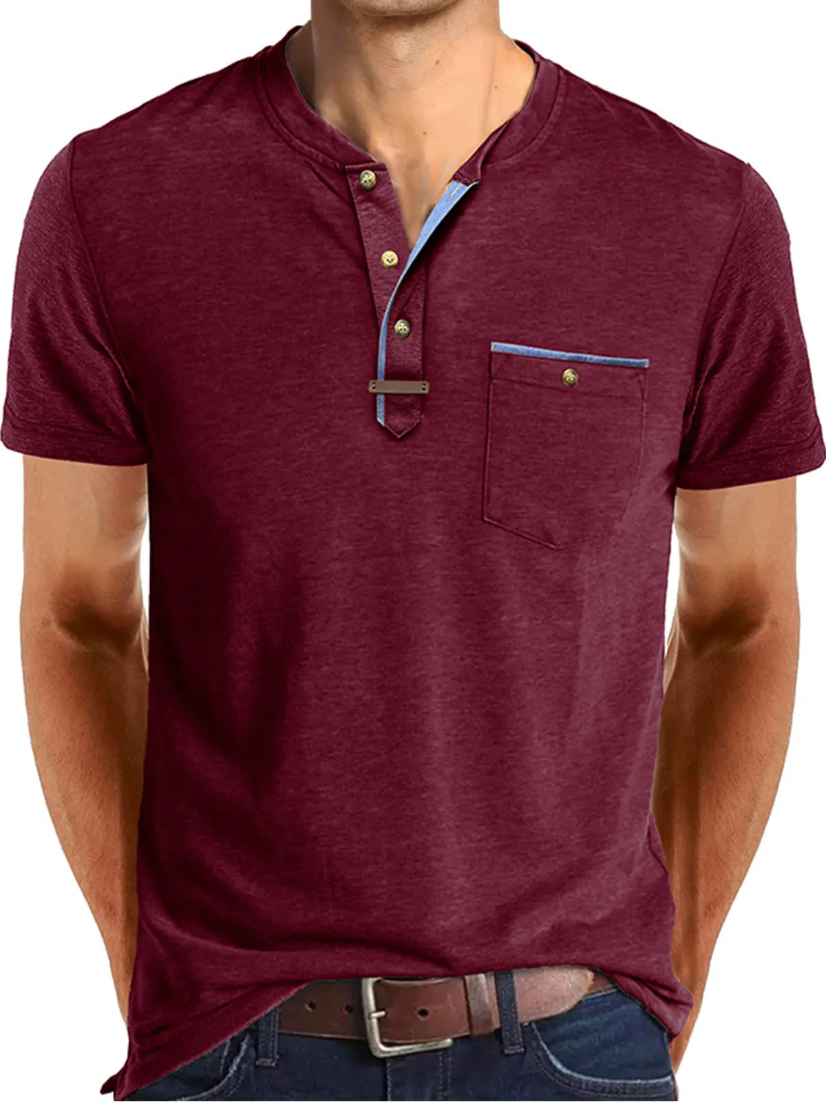 Men's Casual Button Solid Color Pocket Short Sleeve Henley Shirt