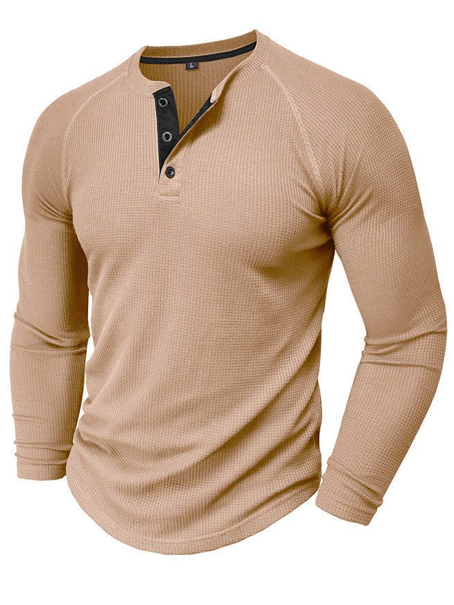 Men's Waffle Henley Collar Textured Long-sleeved Top