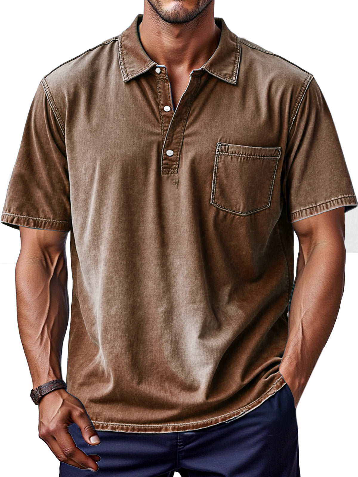 Men's Retro Solid Color Comfortable And Breathable Lapel Button-up Polo Shirt