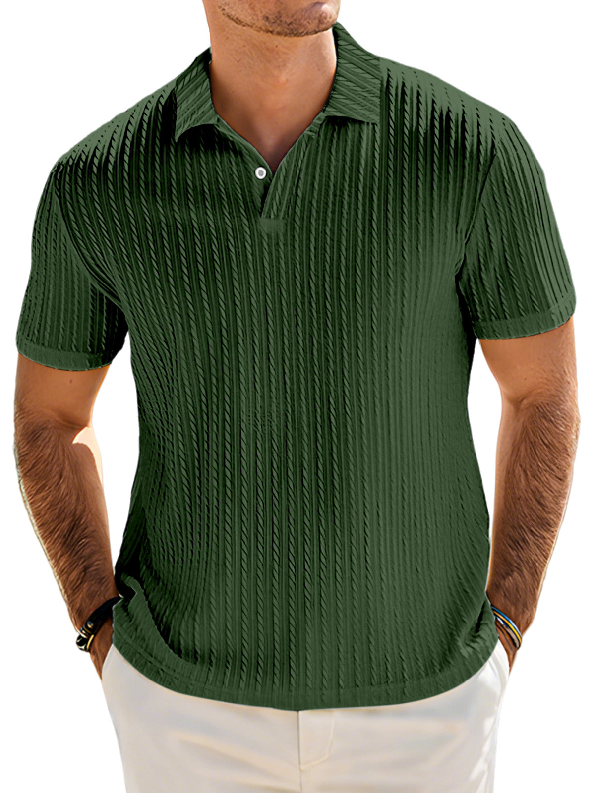 Men's Casual Solid Color Textured Lapel Button Short Sleeve Polo Shirt