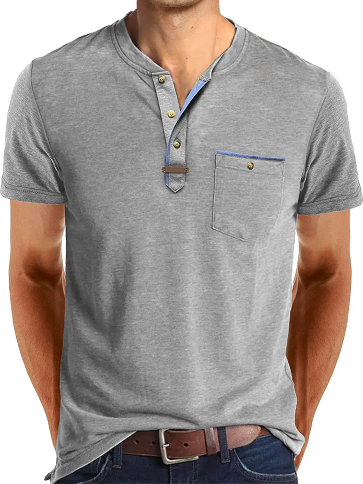 Men's Casual Button Solid Color Pocket Short Sleeve Henley Shirt