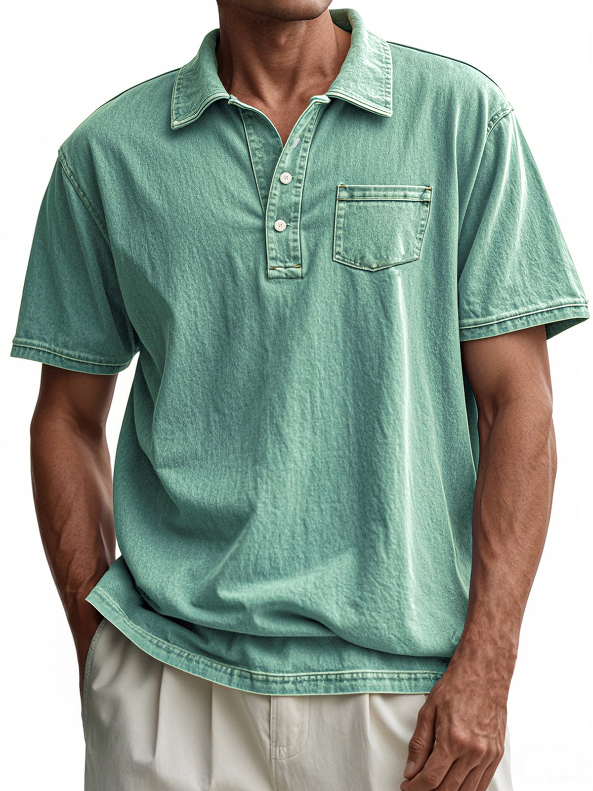 Men's Vintage Distressed Button-Down Short Sleeve POLO Shirt With Chest Pocket