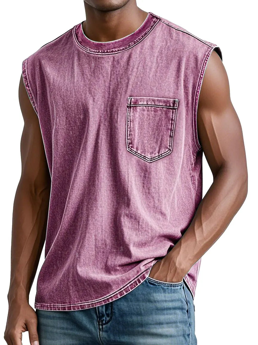 Men's Retro Washed Cotton Casual Round Neck Pocket Fashion Sleeveless Vest