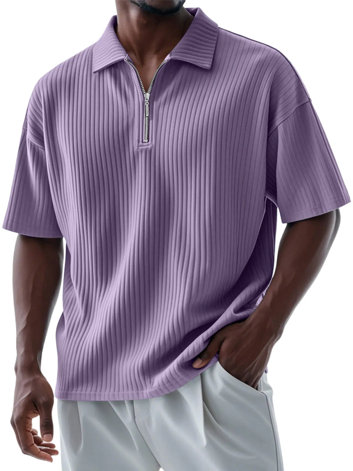 Men's Casual Daily Pitted Lapel Zipper Short-sleeved Polo Shirt