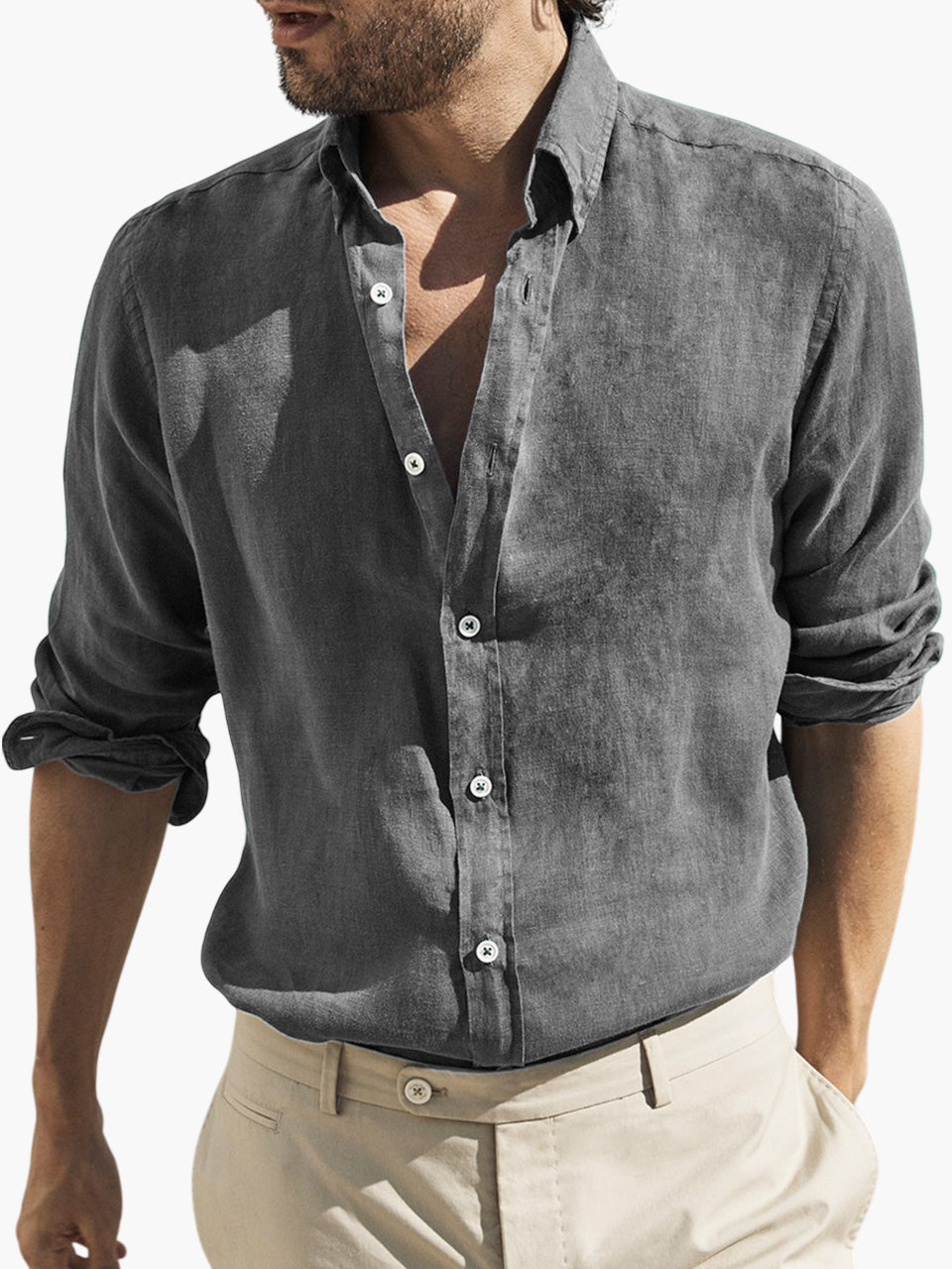 Men's Vintage Cotton Distressed Basic Washed Loose Long Sleeve Button Lapel Everyday Shirt