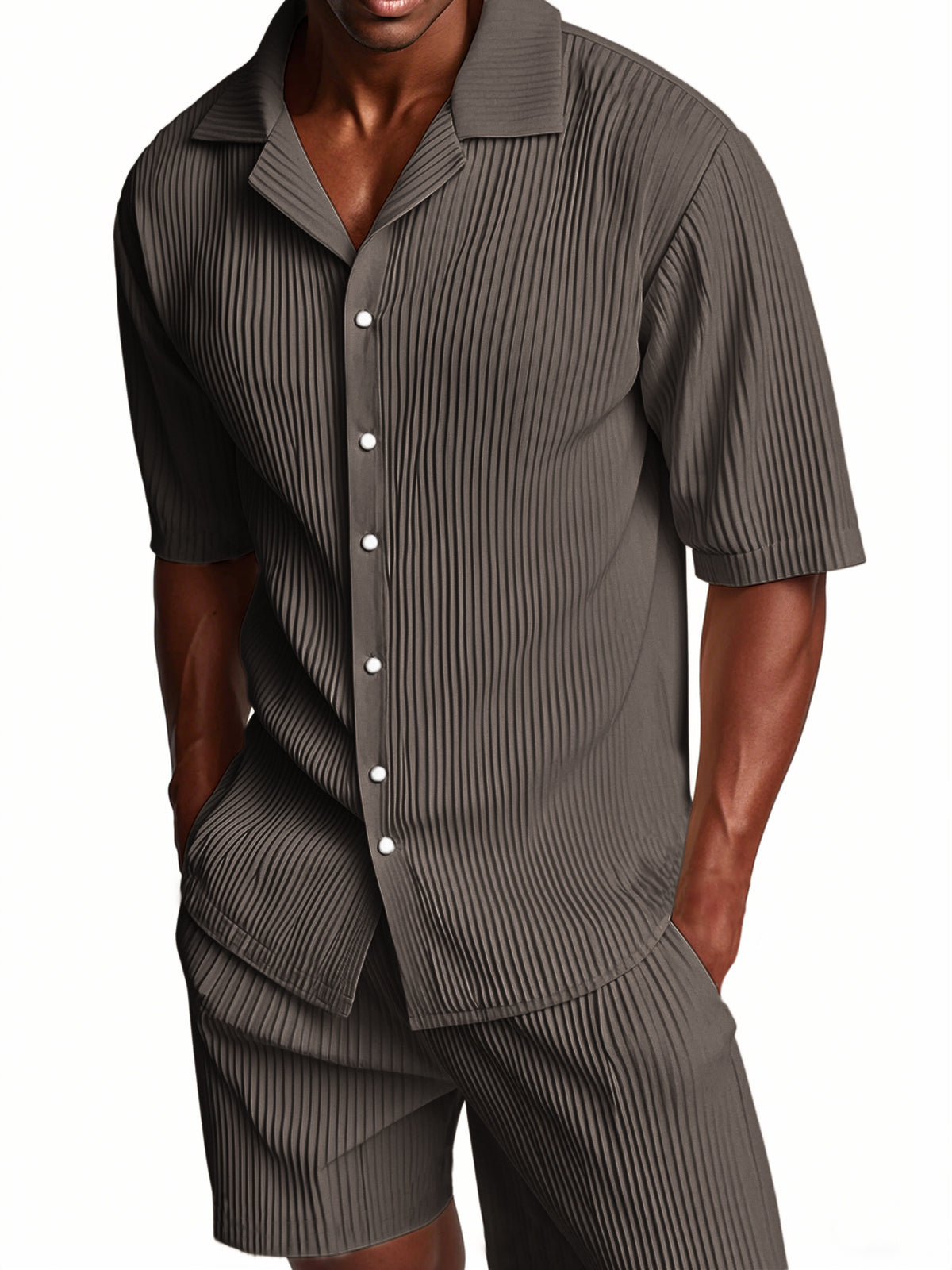 Men's Pleated Texture Suit Cuban Collar Casual Striped Fabric Short Sleeve Shirt Shorts Casual Two-piece Suit